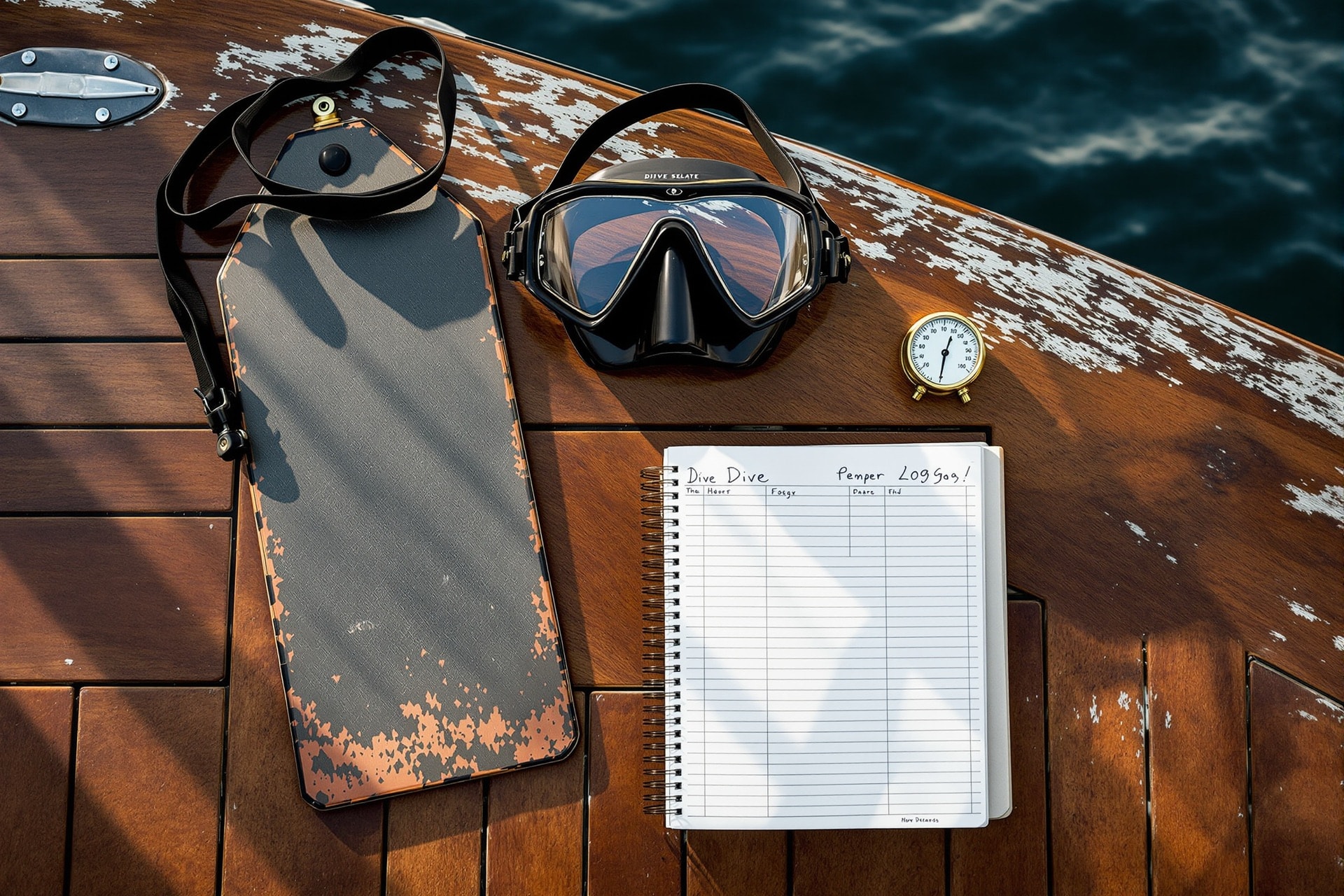 Dive logbook, mask and depth gauge laid out on a boat deck